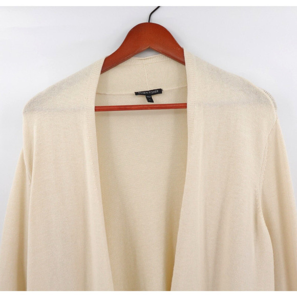 Eileen Fisher Open Front Cardigan Large Cream Long Polished Sleek Cotton Silk - Picture 3 of 14